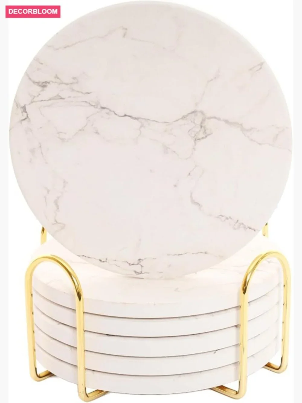 Set of 6 Round Ceramic Stone Coasters with Metal Holder - 4 Inch